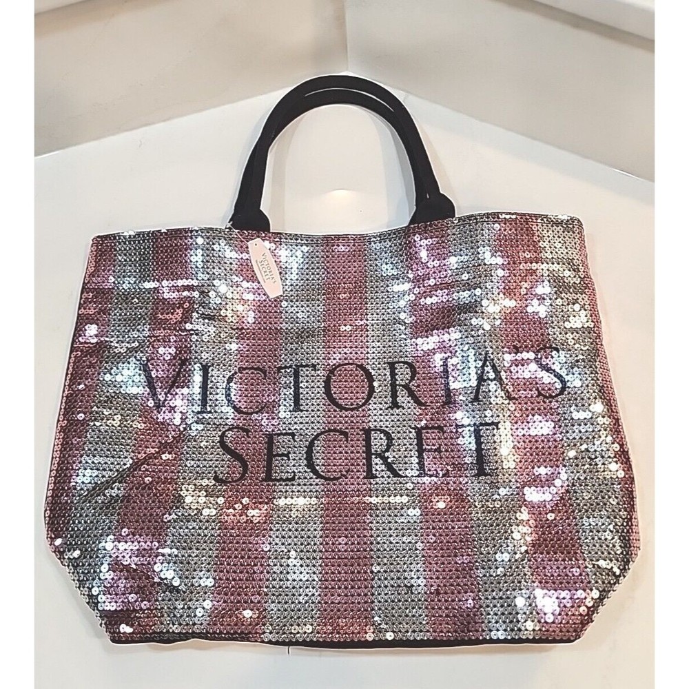 Victorias Secret Tote Bag Pink Silver Stripe Sequins Sparkle Bling Large Beach